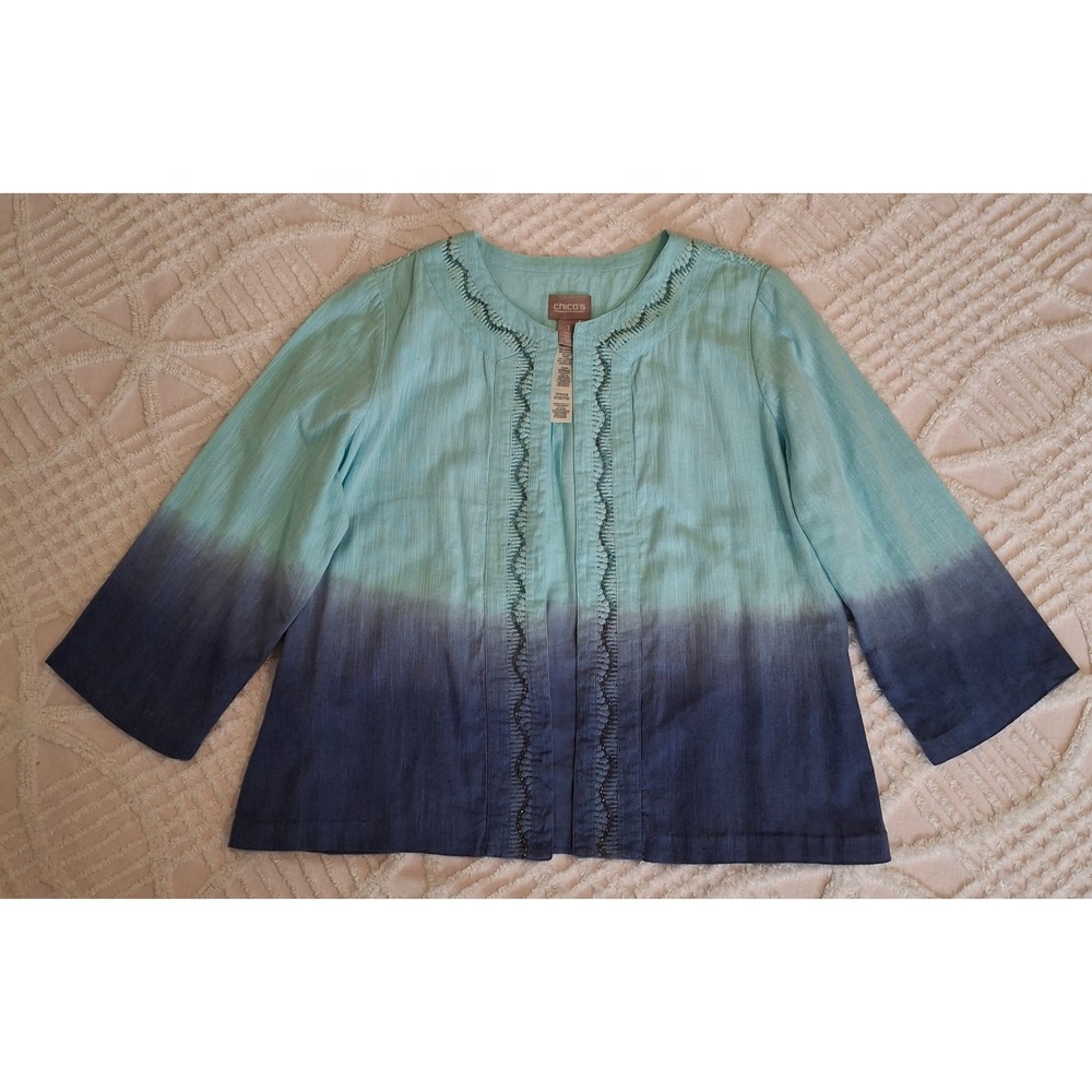 Chico's Medium 1 Jacket Blue Ombre Beaded Open Front Cotton Linen 3/4 Sleeve